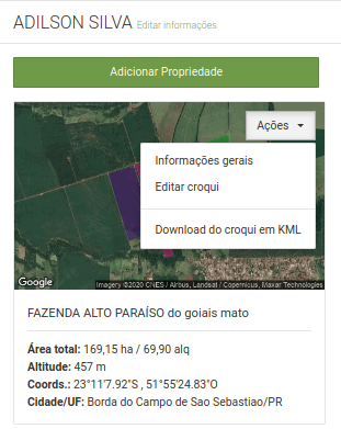 Menu de ações do croqui