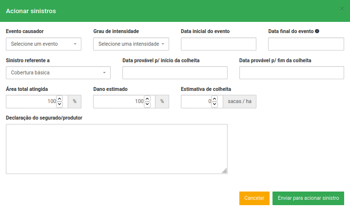 Formulário de acionamento de sinistros dos Seguros Agrícolas