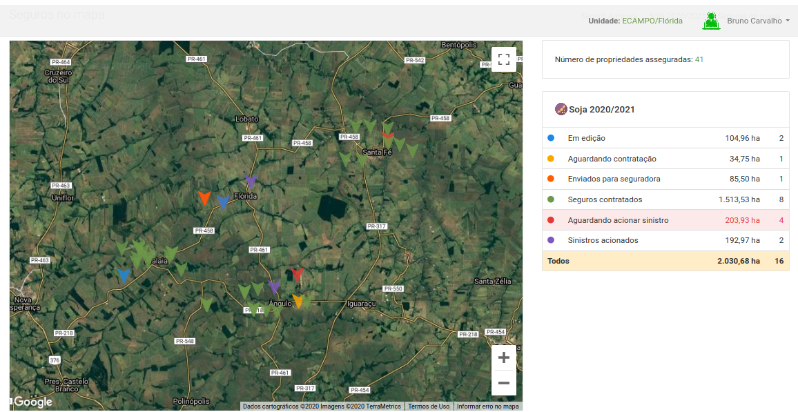 Relatório de Seguros Agrícolas no mapa