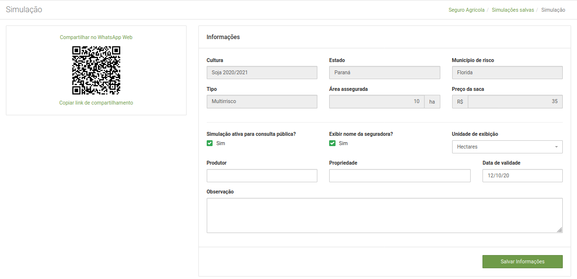 Salvar simulação de Seguro Agrícola